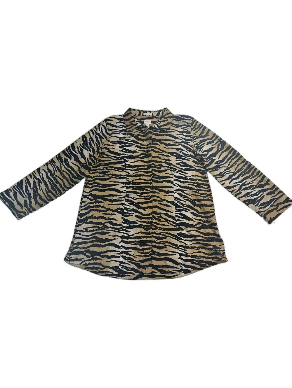 Chico's No-Iron Tiger Animal Print Long Sleeve Roll Tab Button Down Shirt Size 3